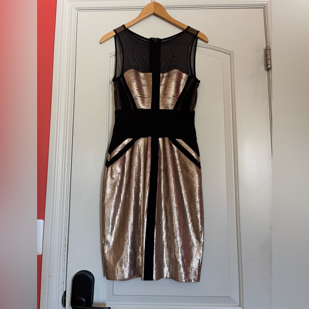BCBG Women’s XS Elegant Black and Rose Gold Sequence Dress